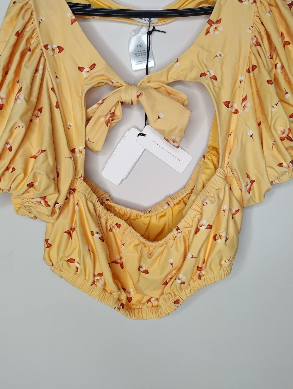 We Wore What Lily Bikini Puff Sleeve Cropped Top Floral Large - Picture 3 of 5
